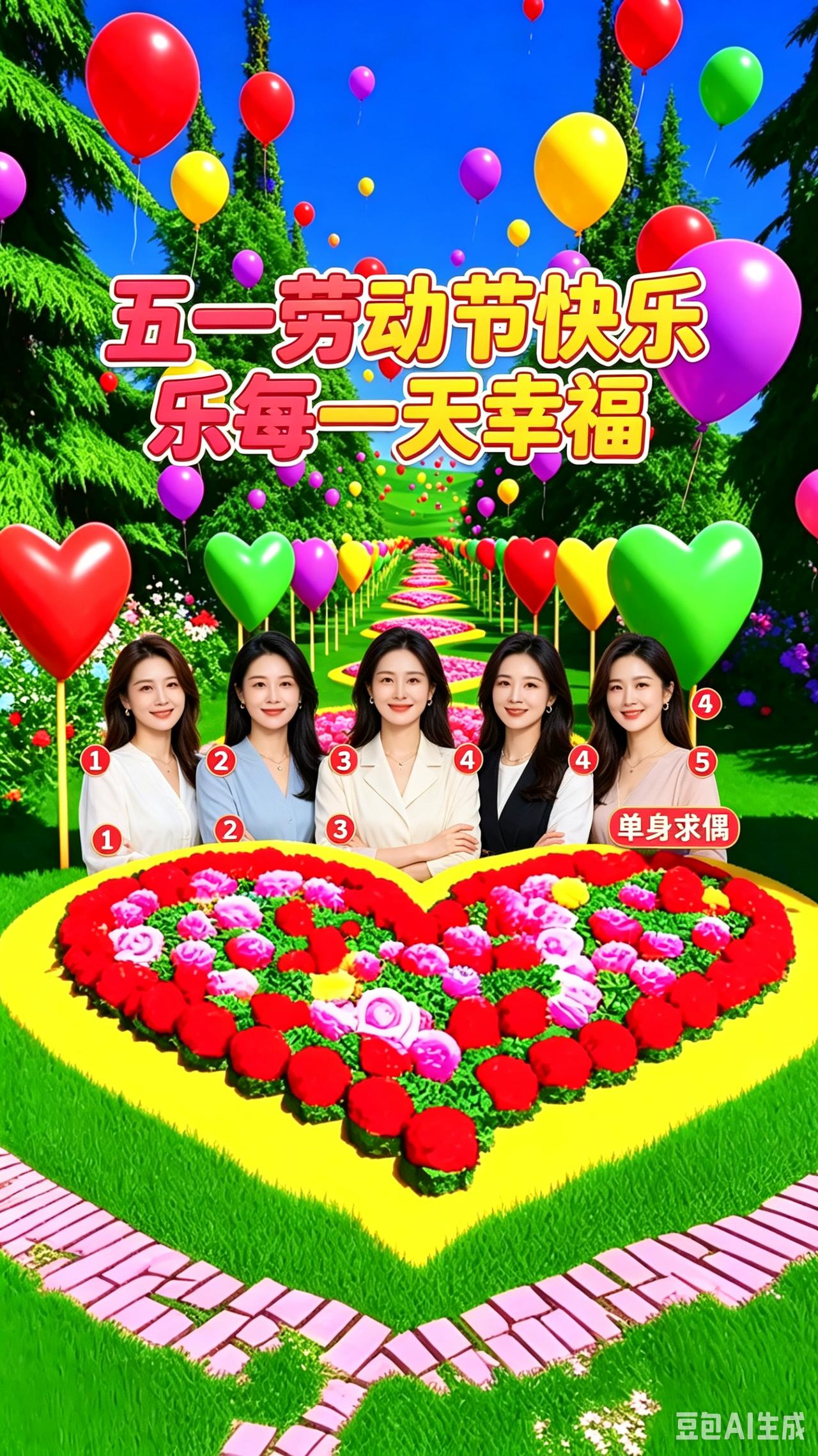 佳人觅缘
五一景致甚绚烂，气球花海映长天。
佳人五位列其间，各展风华韵万千。
一
