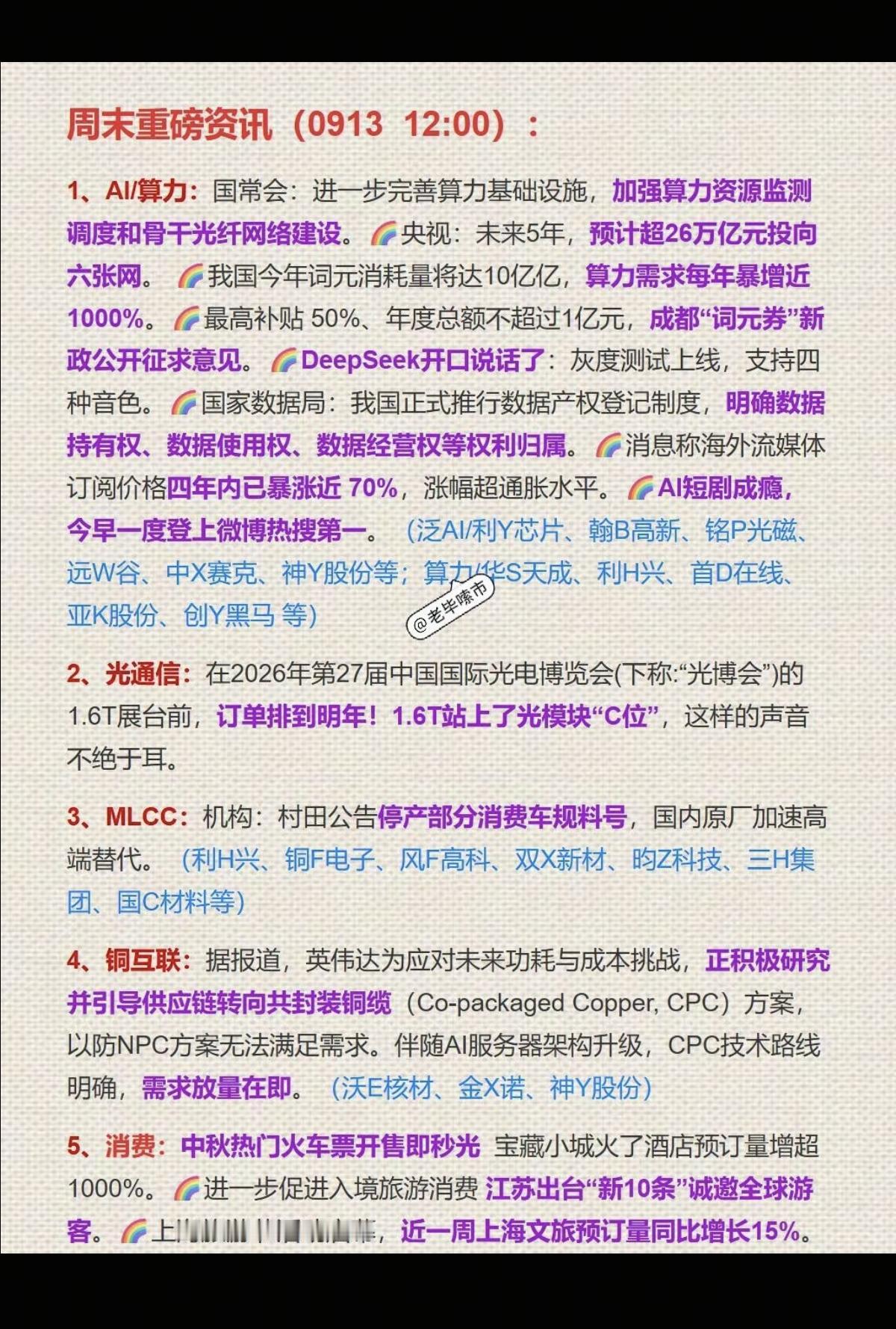 9.13周日  周末：财经要闻汇总+热点整理！

1.算力，AI光纤
2.光通信