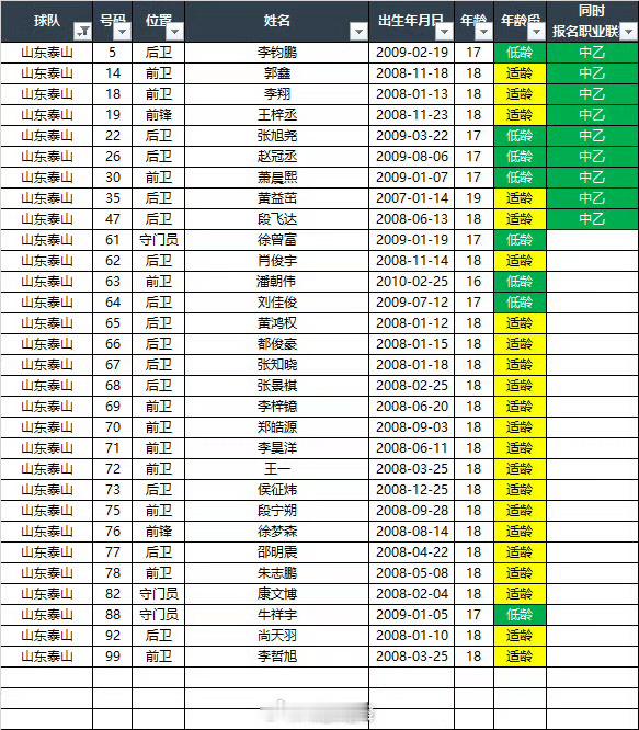 据德转Asaikana统计的2026中青赛U20组，山东泰山队球员名单。自由橙山