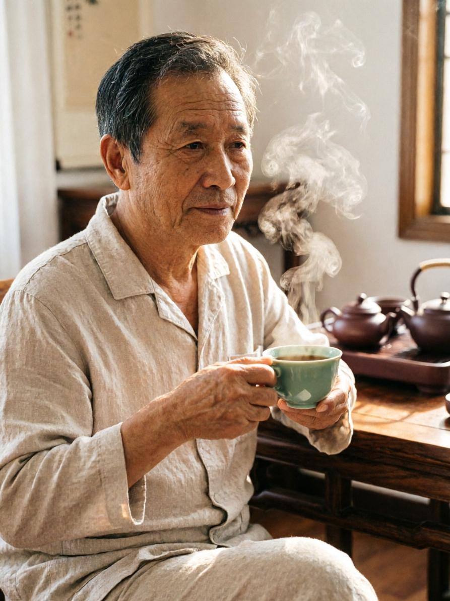 他们端坐在木桌旁，任凭茶香氤氲，几句家长里短，几番世事感慨，都融进了这温热的茶汤