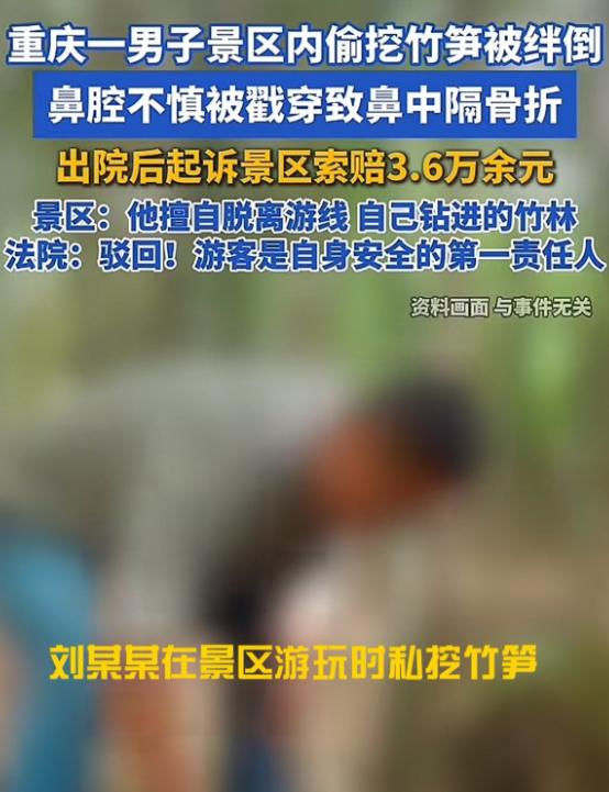 重庆，男子在景区旅游时，偷跑进竹林挖笋，离开时被绊倒，面部朝下摔倒，被竹笋戳穿鼻