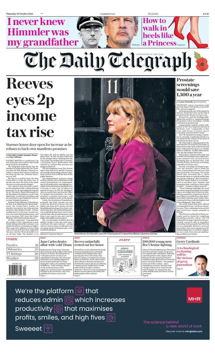 《每日电讯报》称，英国财政大臣瑞秋·里夫斯正在考虑在下个月的预算中将所得税提高百