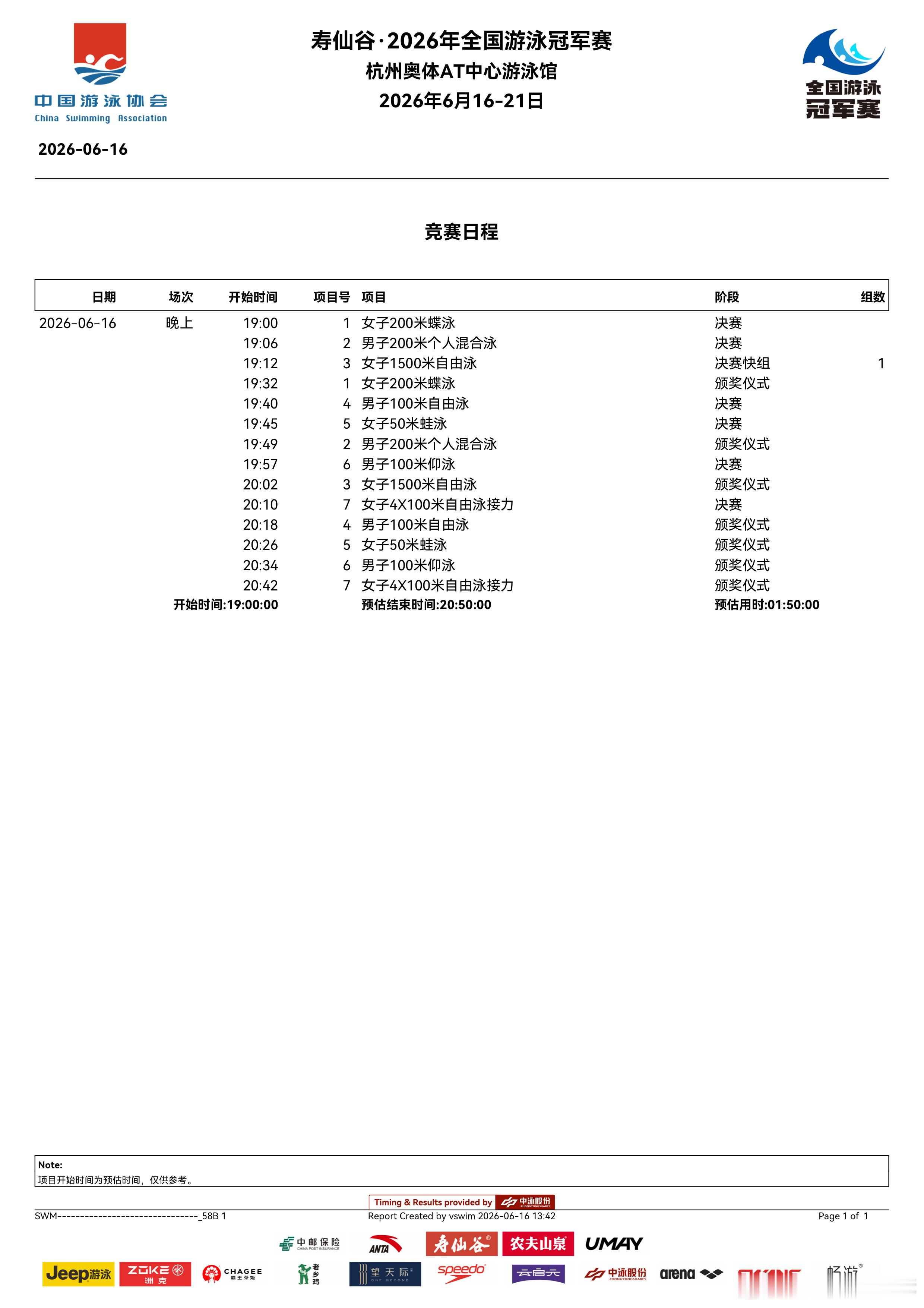 2026年全国游泳冠军赛 今晚比赛秩序单来啦