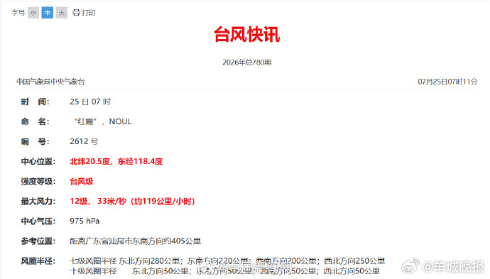 【#红霞加强为台风级#】#台风红霞中心位置#据中国气象局中央气象台：25日7时，