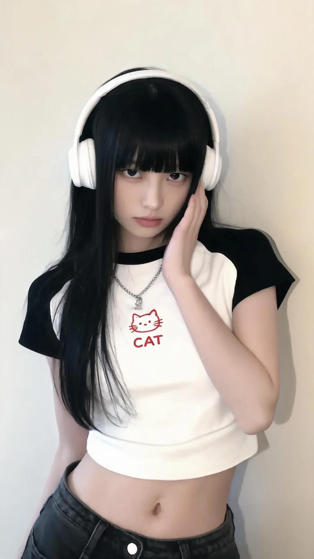 一位年轻的中国女性，身材苗条，留着黑色长直发和厚齐刘海，肤色白皙，面容...