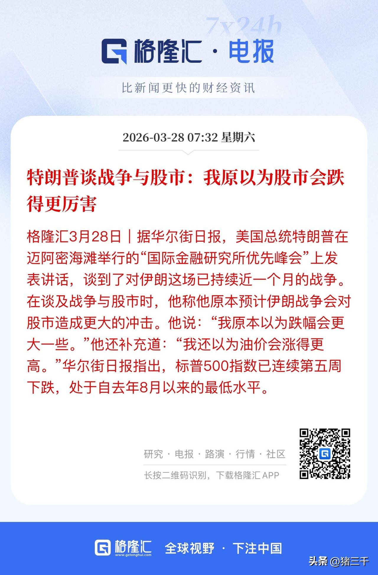 看来美股还是跌的太轻了！
三千原以为周末白宫在股市下跌压力下会放鸽，
但白宫一句
