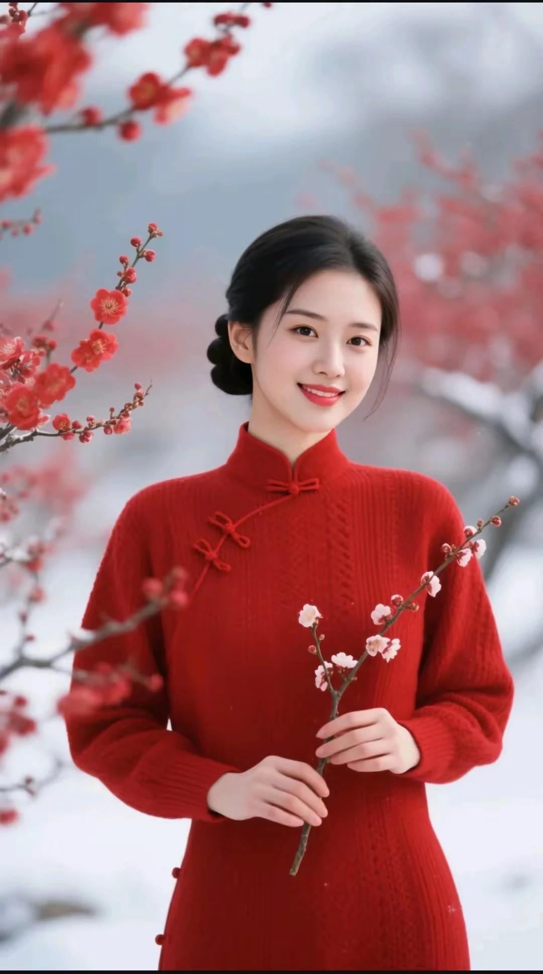 一袭红装韵味生，
梅雪相映显风情。
浅笑嫣然，风情万种。
艳若桃花，美若冠玉。
