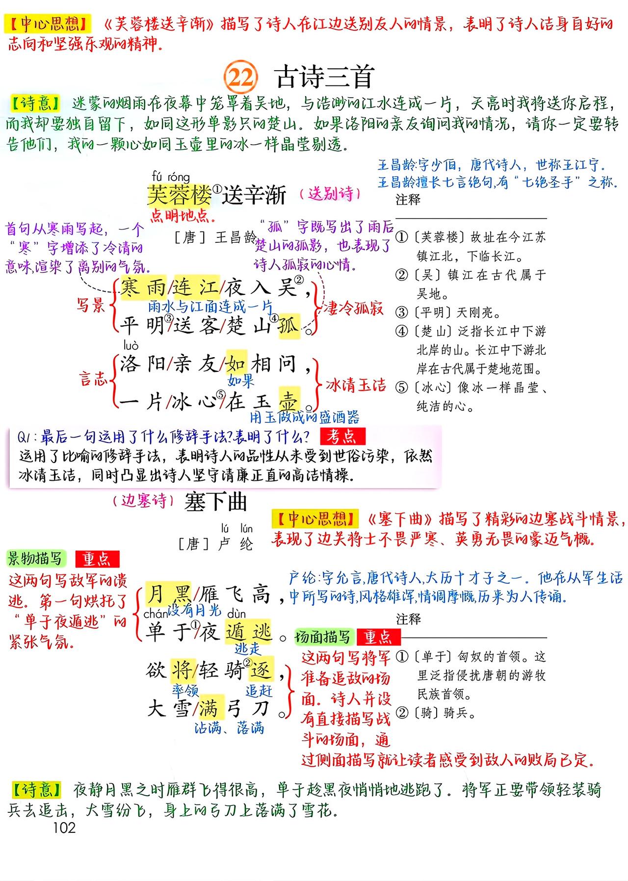 四年级下册语文，第22课《古诗三首》课堂笔记，收藏复习四年级语文