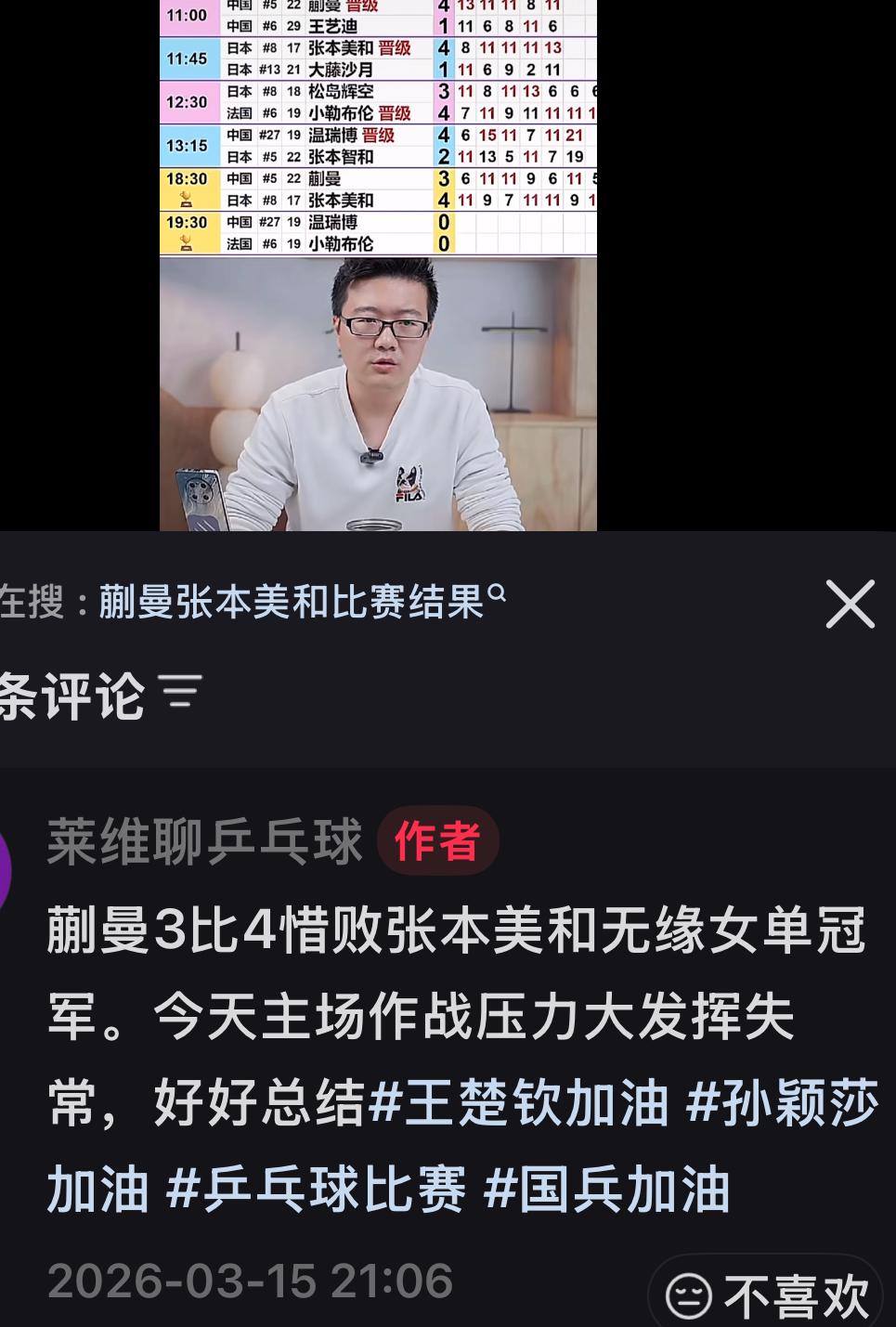 莱维谈蒯曼3:4张本美和：主场压力太大，发挥失常，好好总结！
3月15日，重庆冠