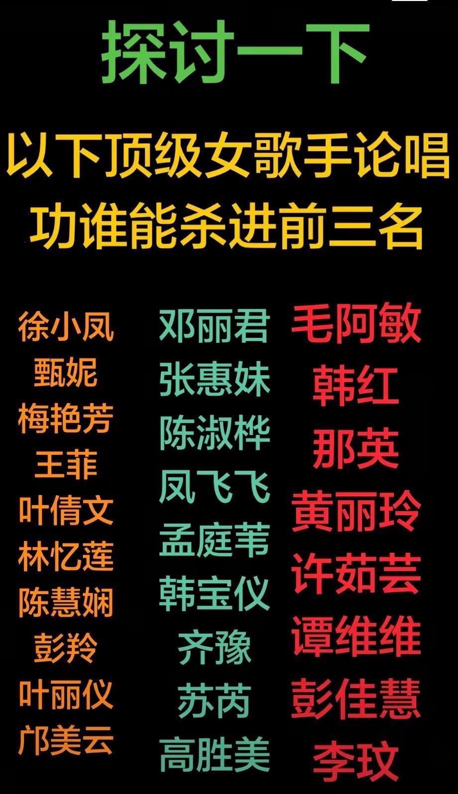以上华语顶级女歌手谁的唱功能杀入前三名？