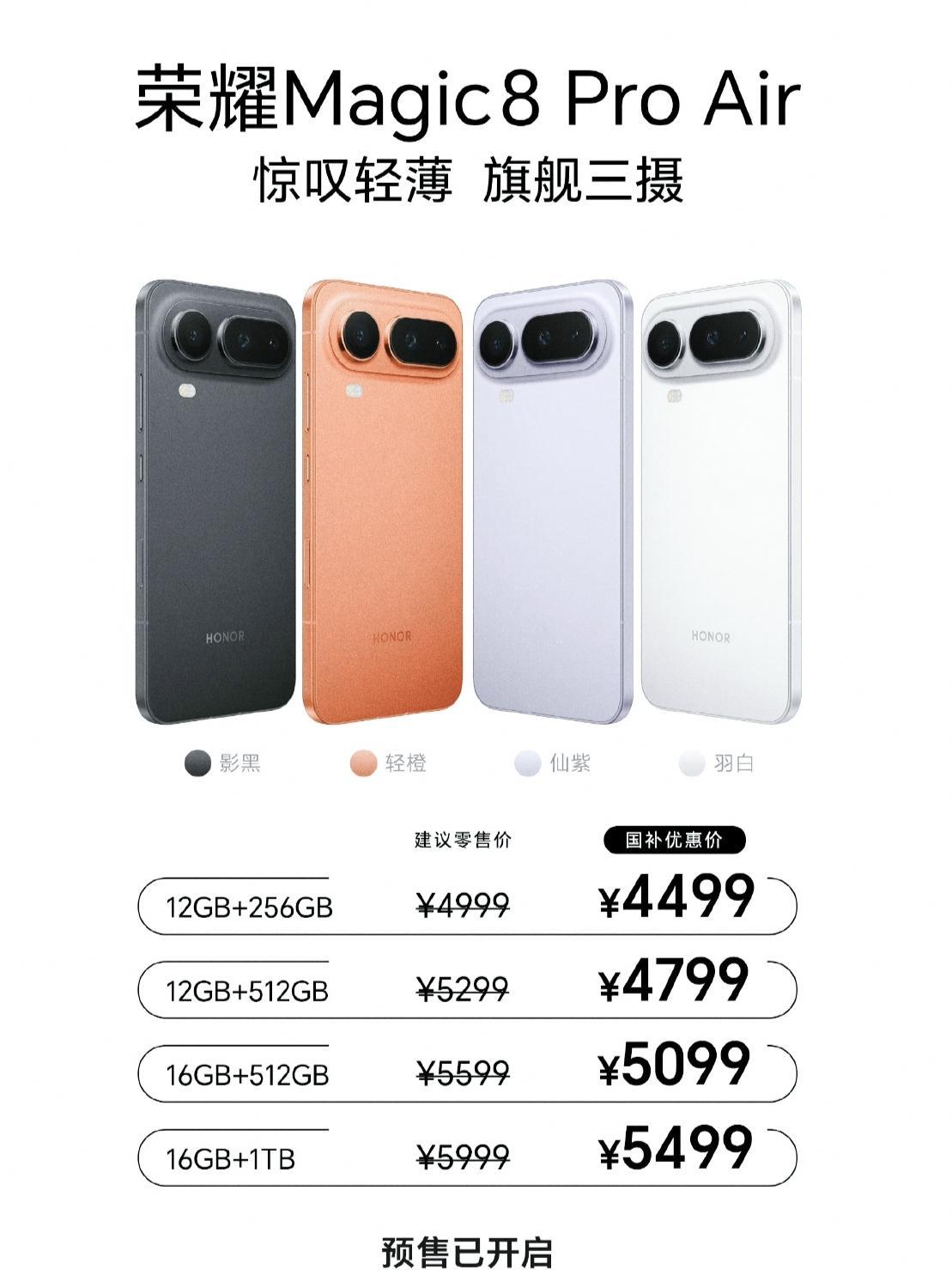 当荣耀magic8 pro Air价格公布后，整个市场炸锅了，国补后才4499起