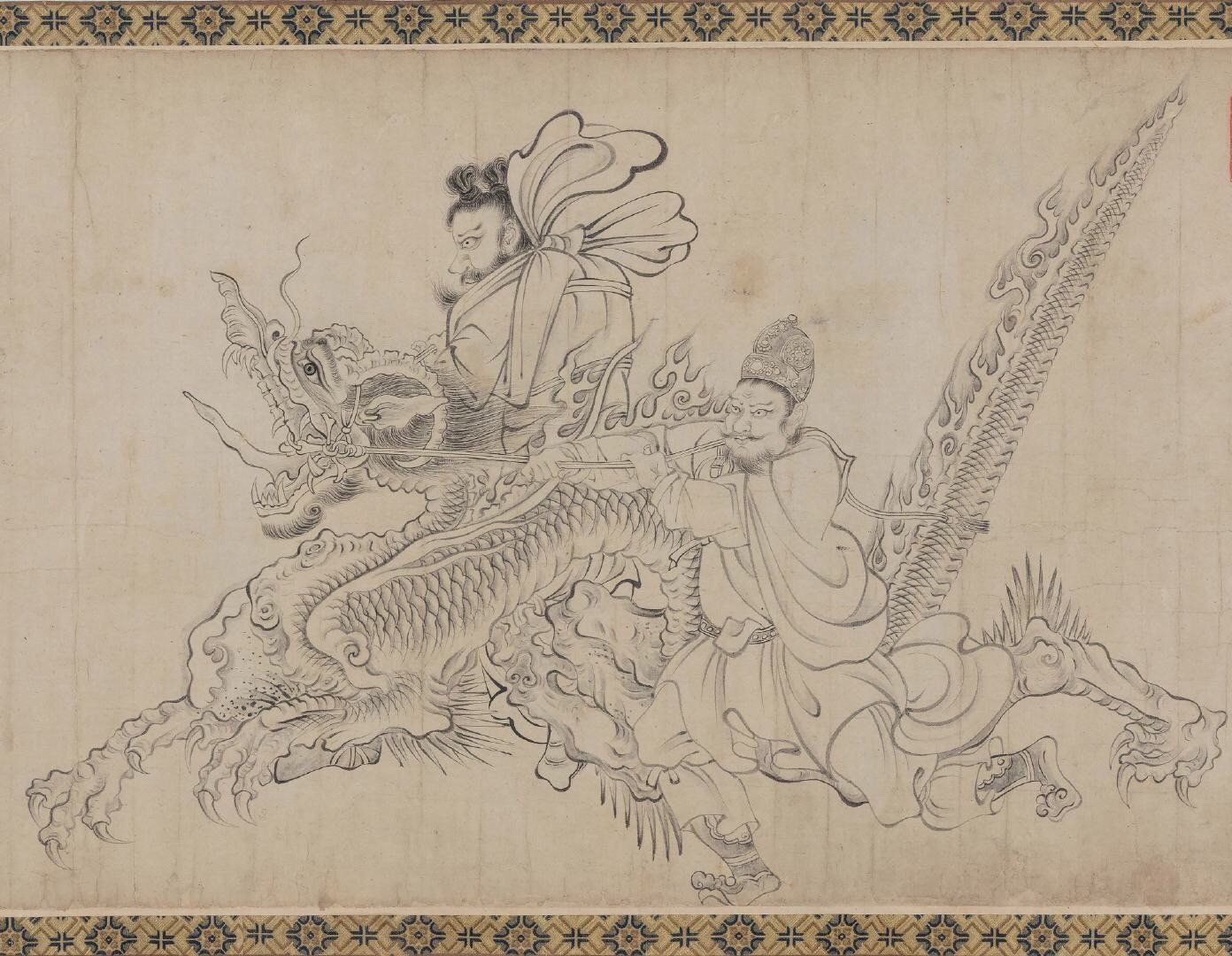 《送子天王图》（释迦降生图）旧传为唐代吴道子绘。全卷根据佛典《瑞应本起经》描绘释