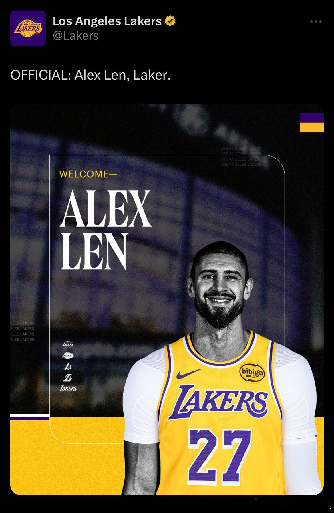 有效率！湖人官宣签下莱恩！ OFFICIAL: Alex Len, Laker.