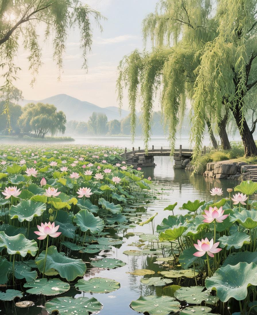 上联：十里荷塘风光好
下联：一湾柳岸景色新