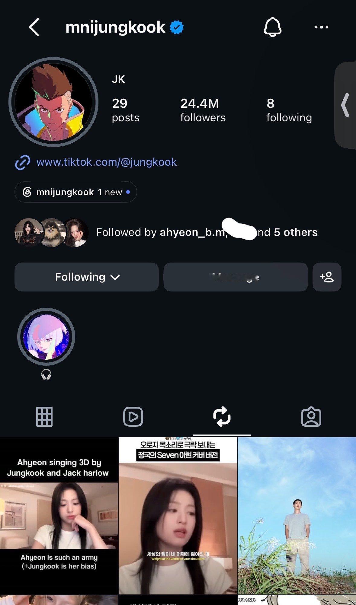 BTS成员田柾国前辈在Instagram上点赞并转发了AHYEON翻唱他的歌曲’