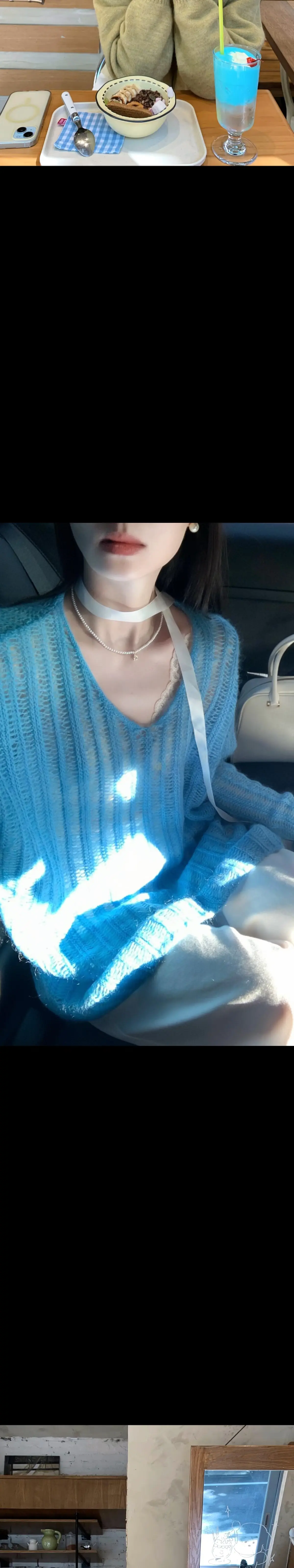 简约干净又气质~奶呼呼的蓝色针织毛衣太好看了，显白又气质~搭配白色休闲...