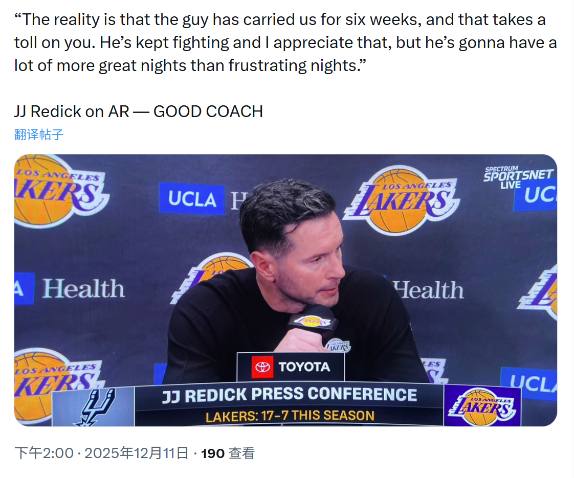 雷迪克谈低迷的里夫斯：“现实情况是，他已经扛着我们打了六周，这让他身心俱疲。他一