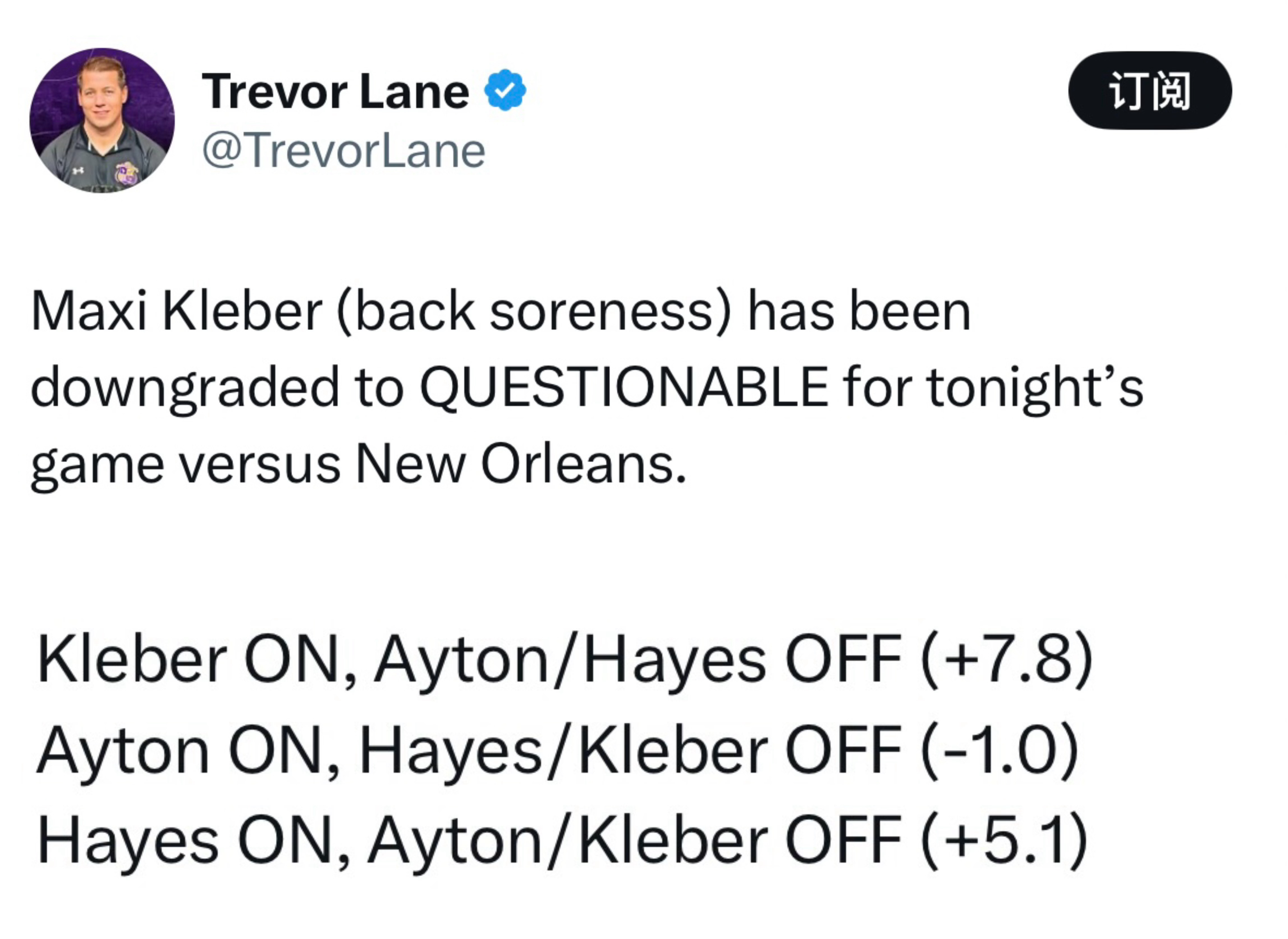 当看到克勒贝尔（背部酸痛）出战成疑，我感觉有点不稳，湖人不能没他。克勒贝尔在场，