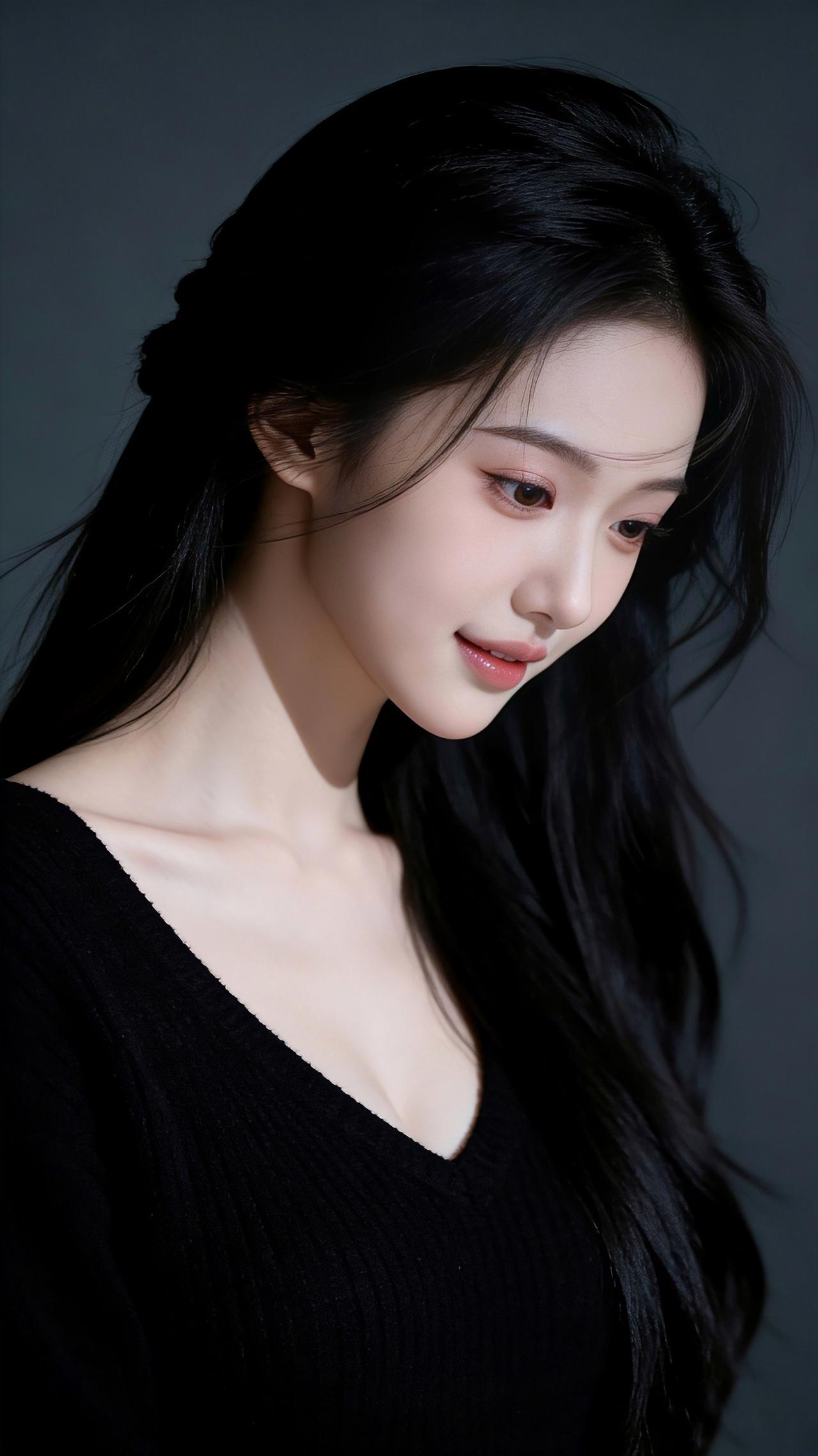 九帧同绘侧颜仙！乌发如瀑垂落，黑V领衬雪肌莹润。侧颜低垂眸藏星，唇含浅笑似春风。