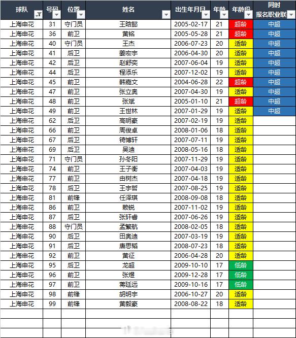 2026中青赛U20组球员名单：第3组（昆明赛区）参赛球队：上海申花（主教练王赟