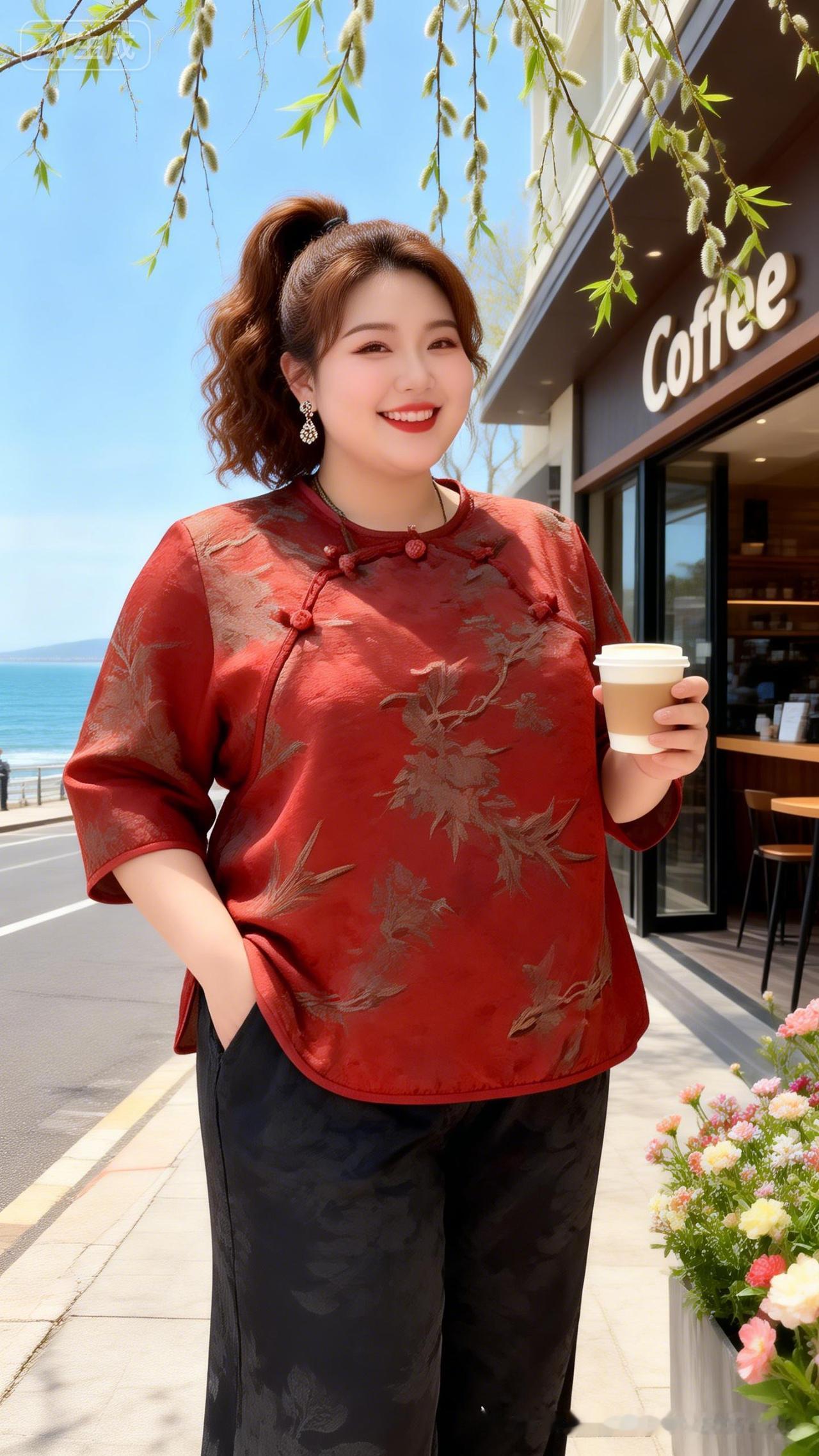 咖啡时光，红衣美人，享受悠闲午后。