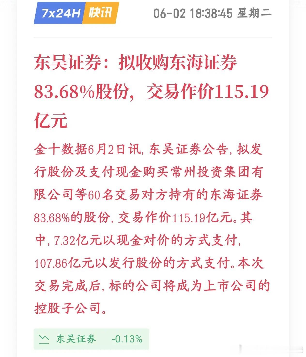 A股券商板块大利好来了，并购重组又来了东吴公告花115.19亿拿下东海八成多股权