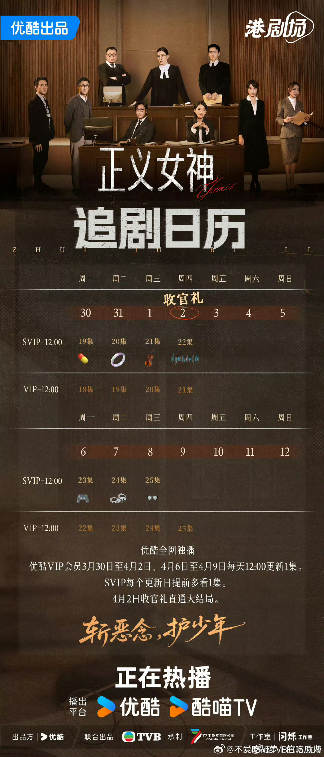 优酷正义女神 4.2开超点，直通大结局，豆瓣评分7.9。 