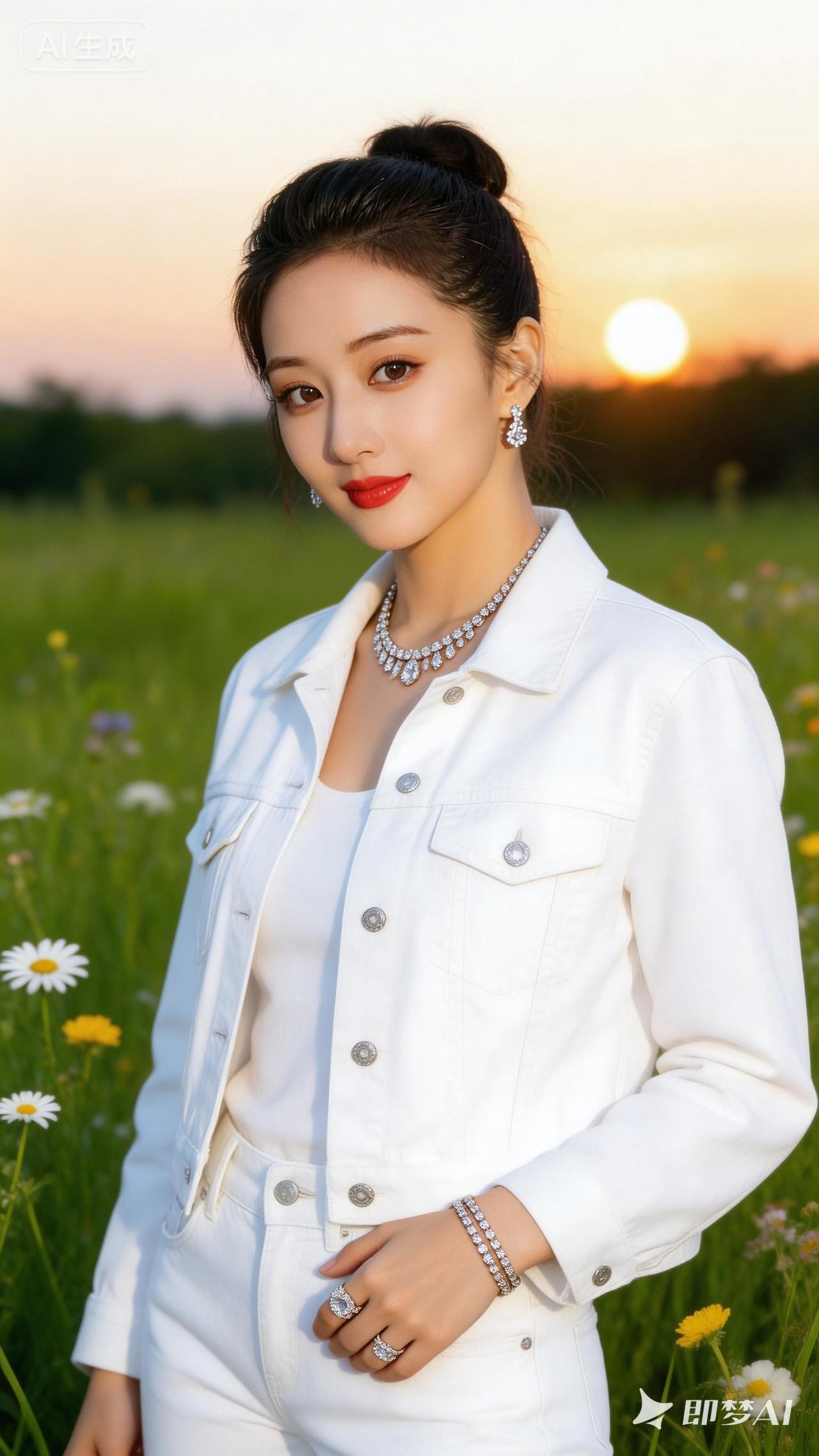 夏日白衣少女，花海中的清新时尚