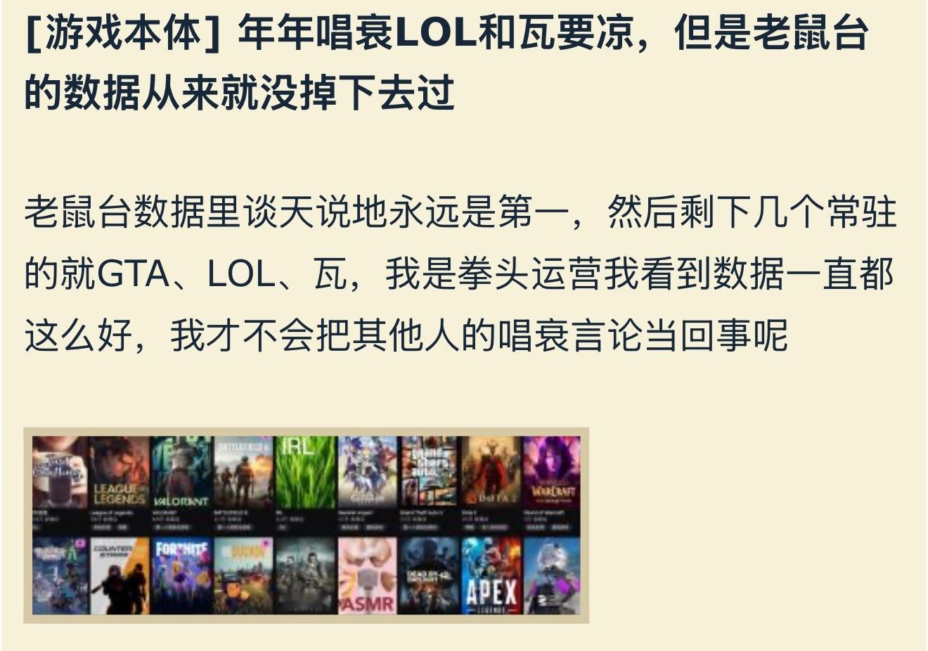 年年唱衰LOL和瓦要凉，但是老鼠台的数据从来就没掉下去过。英雄联盟 ​​​