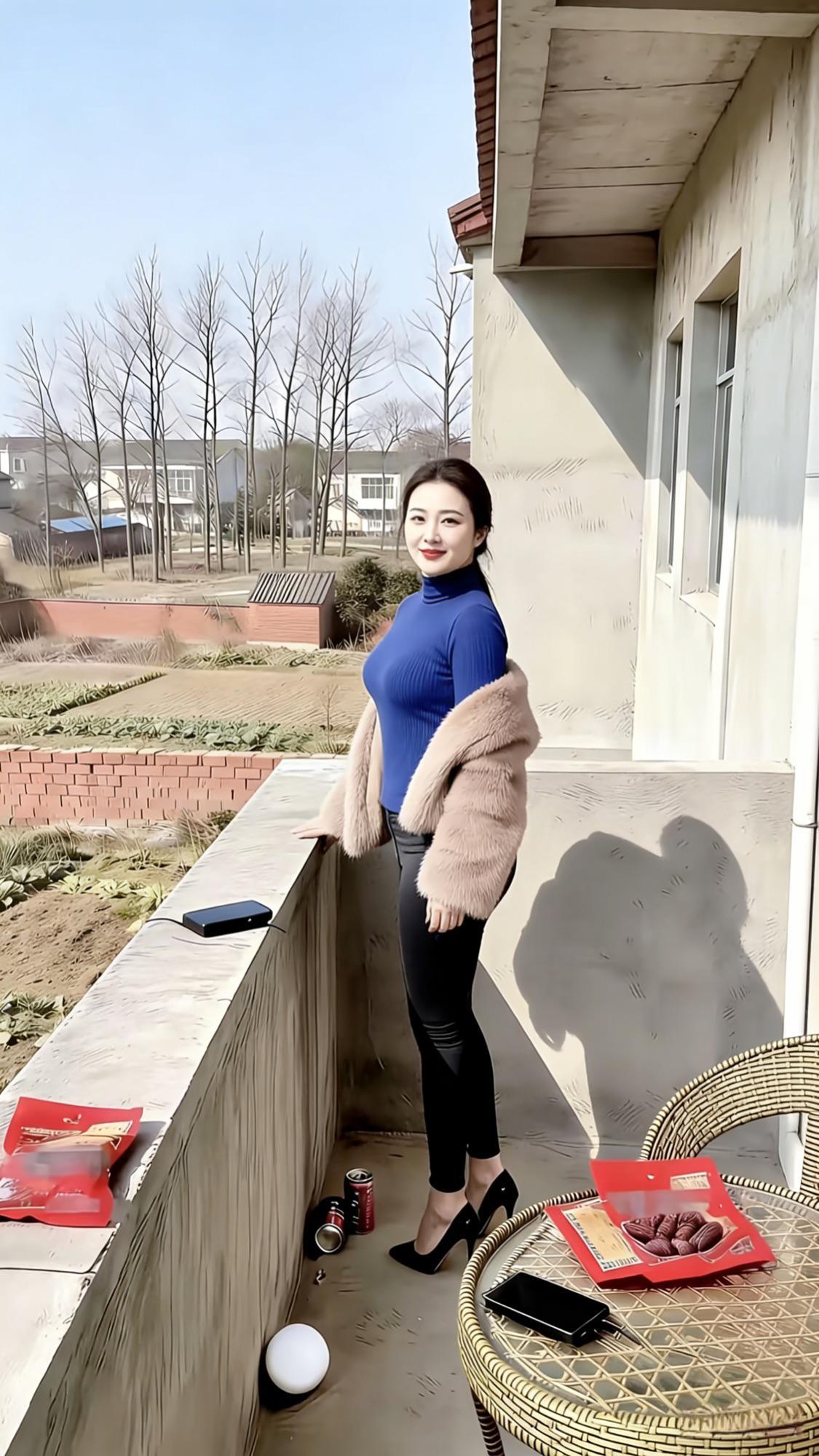 高跟鞋叩响了农村老宅的阳台，
毛绒外套裹着，是城里的尘埃。
目光越过砖田，落在熟