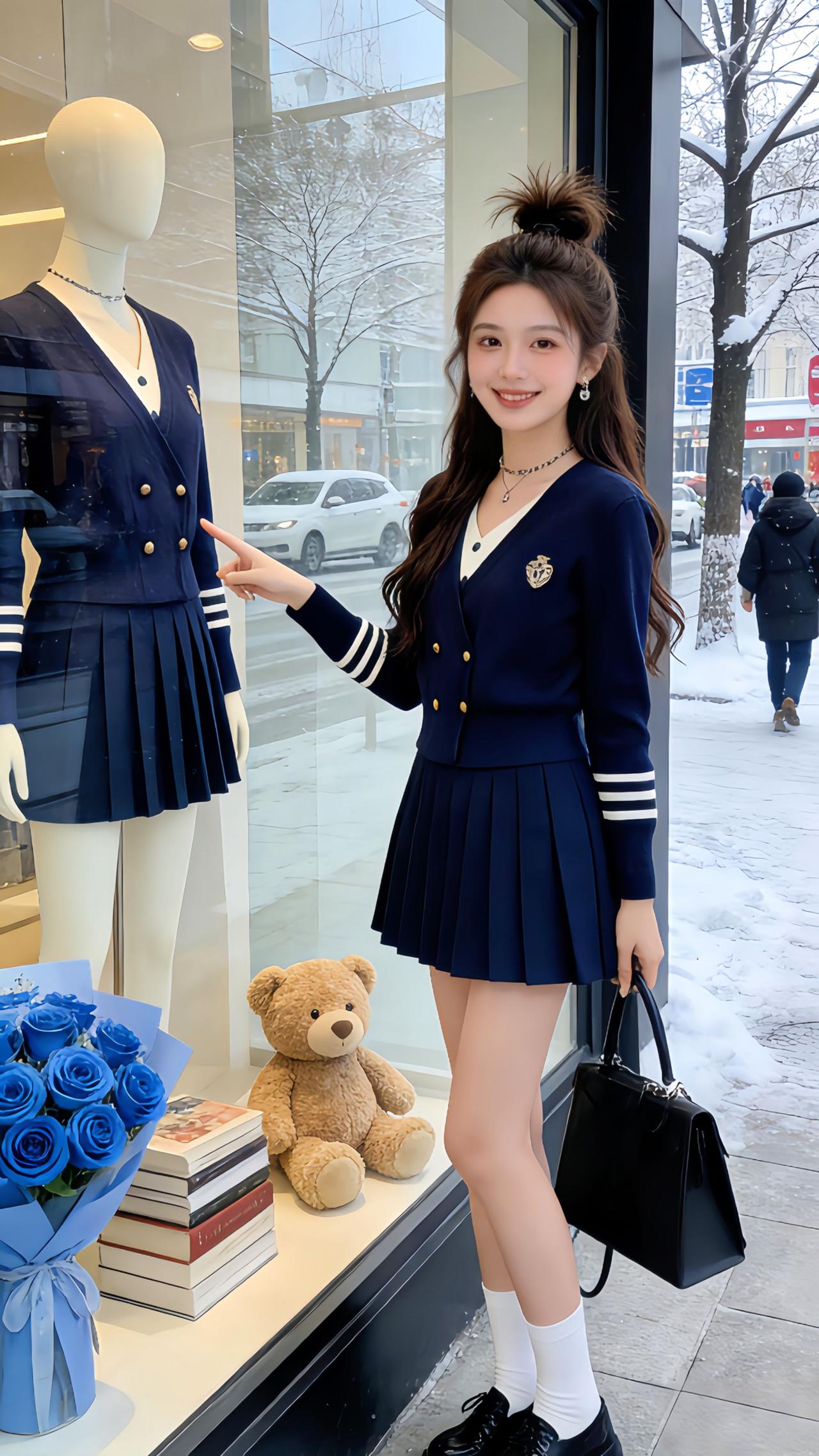 Danny踩着冬日落雪走在街头，橱窗边的藏青针织套装一眼戳中审美！2025秋冬新