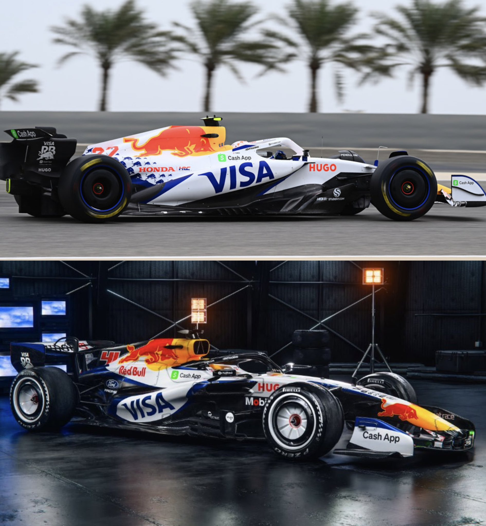 红牛二队新旧涂装对比🔍上图：2025年VCARB02涂装下图：2026年新车涂