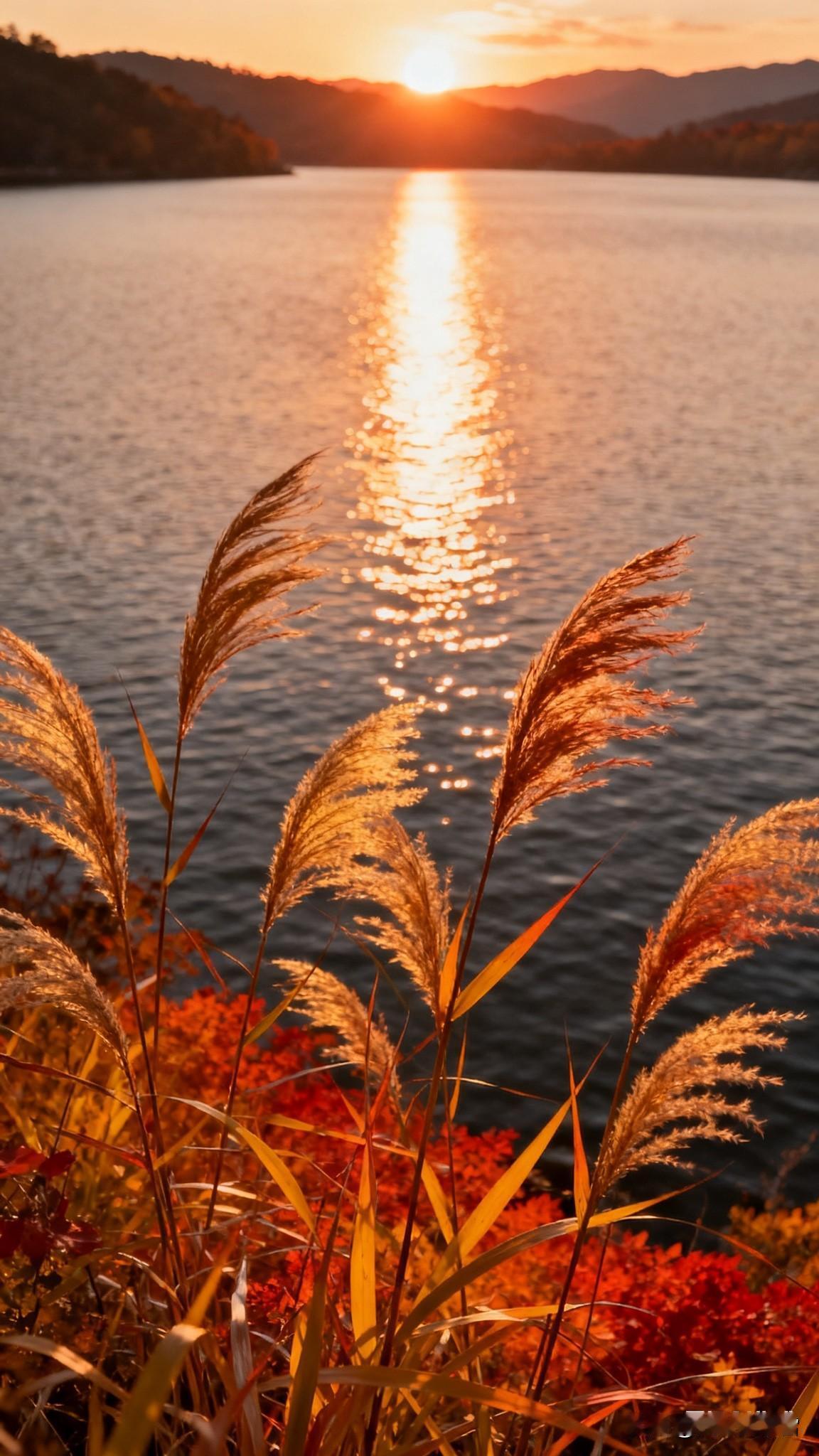 岸边长草裹着暖光摇晃，对岸的山尖正接住碎金；另一处的湖湾，树影浸在橘色涟漪里，连