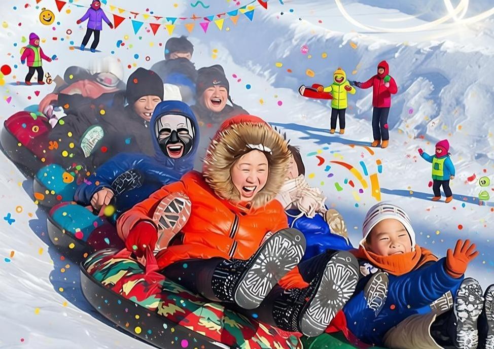 蓟州雪野，童声似银铃。阳光刚越过燕山脊线，吉姆冒险世界的400米初级滑道已是一片