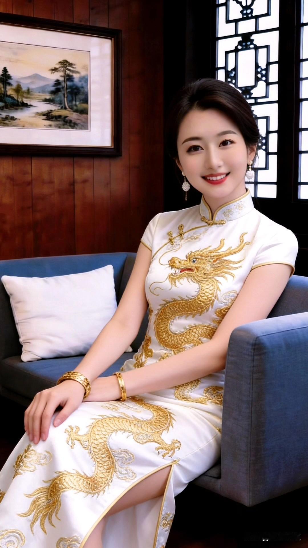 旗袍给予什么样女性美? 今天穿上了这件龙旗袍，瞬间被这份雅致拿捏！月白缎面衬得肤