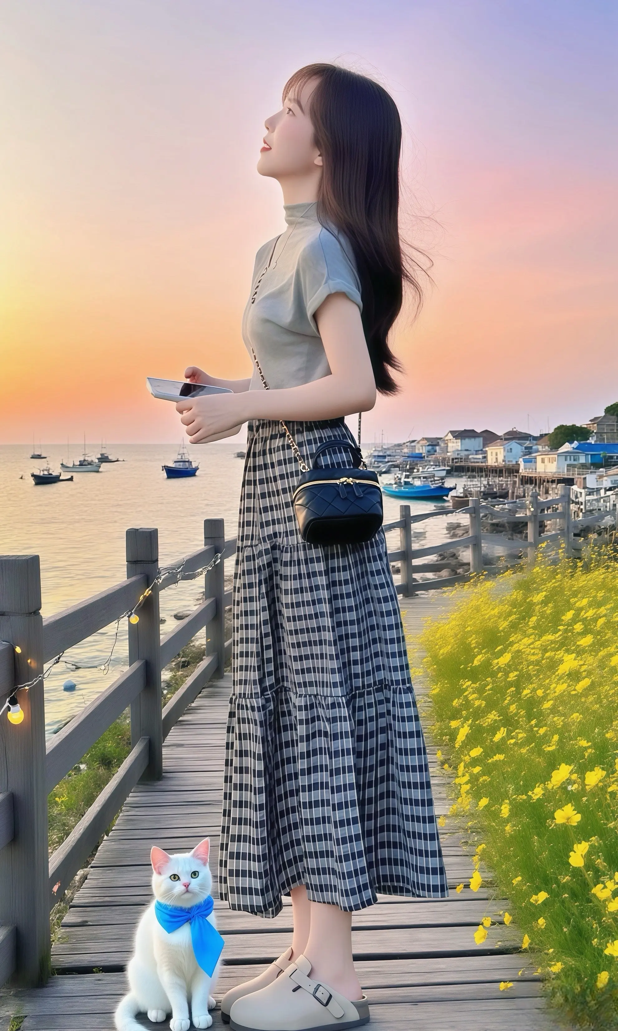 落日与猫。海边栈道被夕阳染成暖金色，她身着灰色收腰套装，裙摆随海风轻摆...