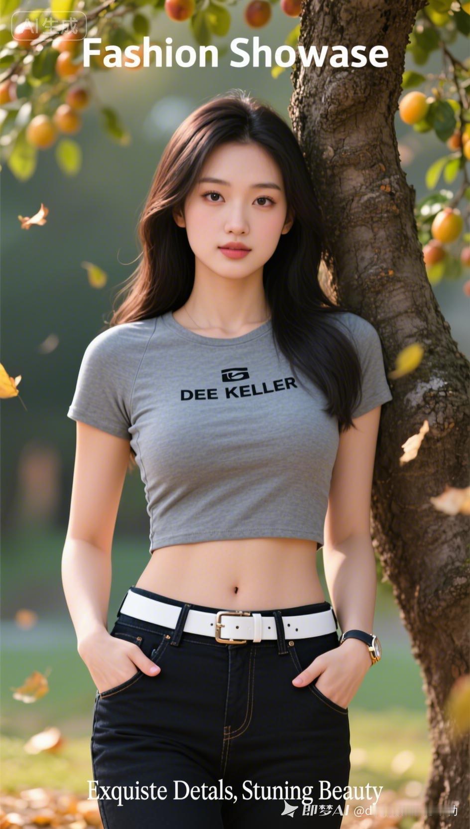 穿灰色T恤的女孩站在树下。