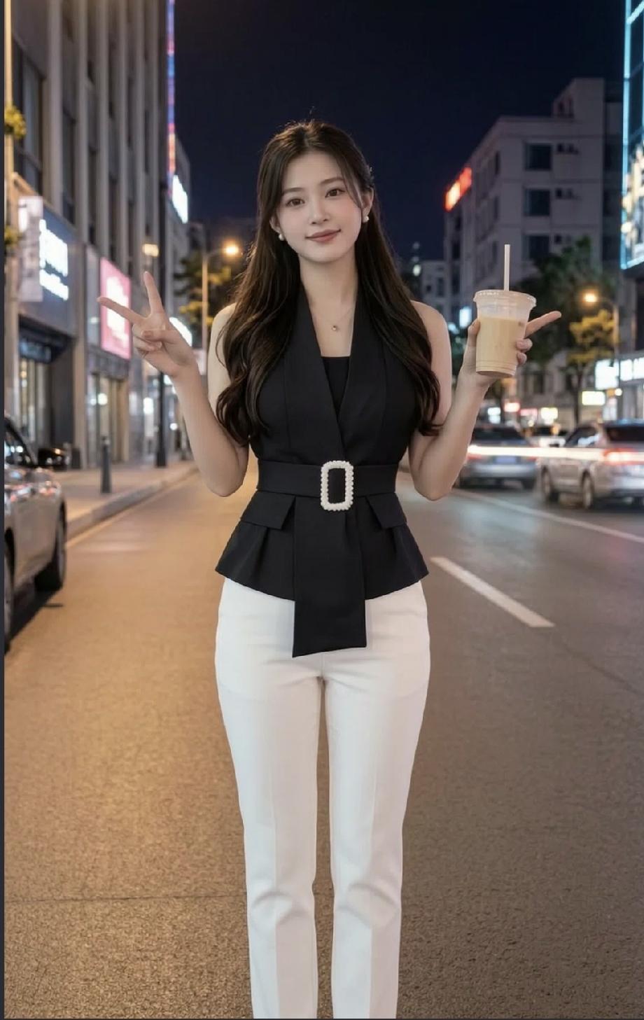 想要穿出精致美感，版型远比花哨重要。
一身黑无袖收腰马甲+修身西裤，宽腰带收紧腰