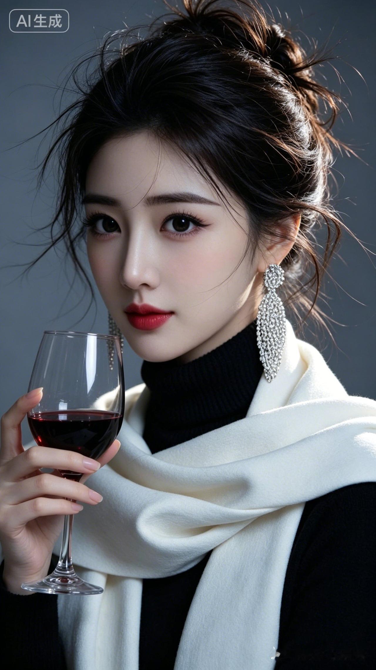 冷艳佳人身着黑色高领毛衣，温婉低盘发缀着细碎发丝。侧身轻执盛有红酒的酒杯，垂眸神