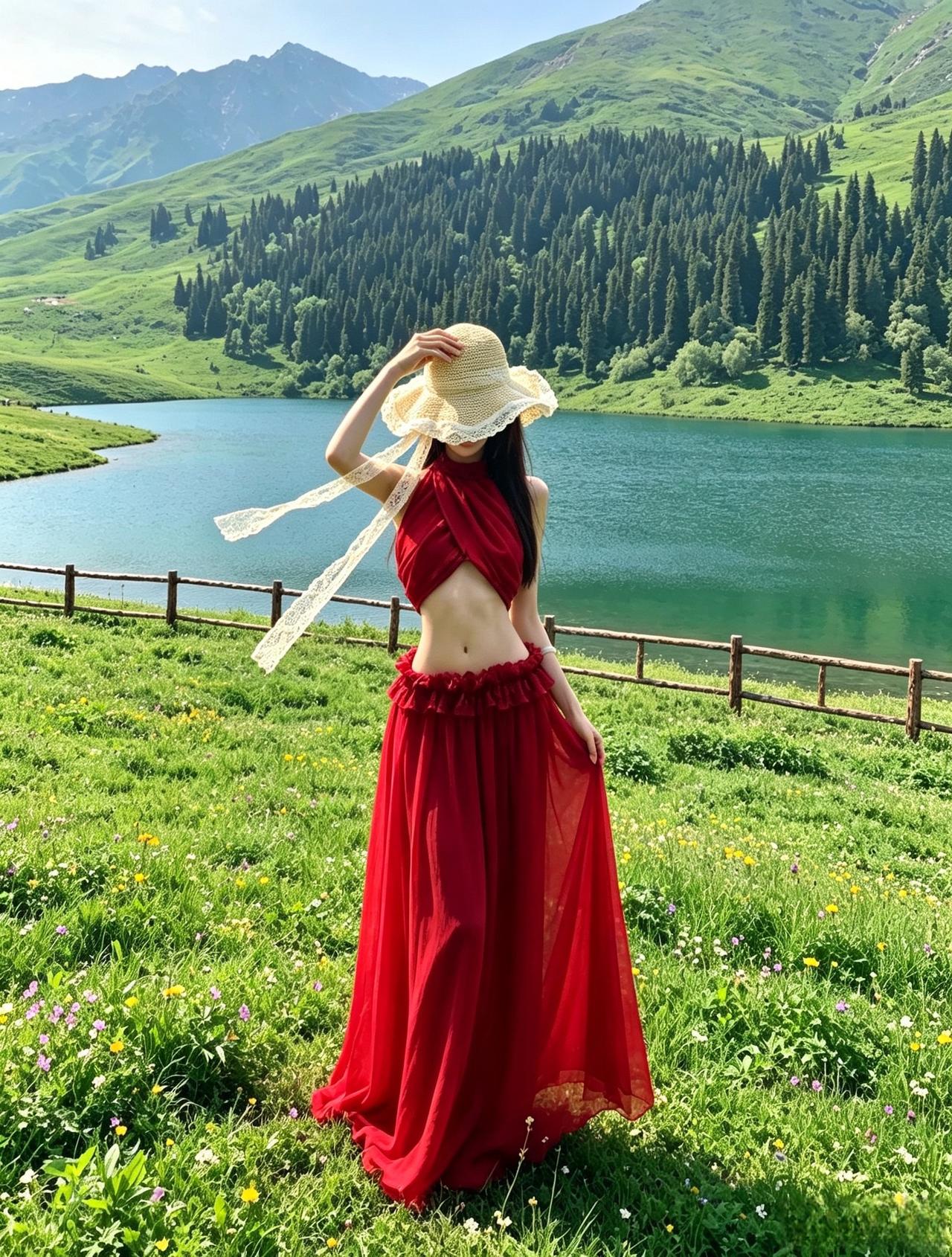 红裙和草原湖泊适配度满分✨在自然里当女主角 红裙与山川的邂逅
