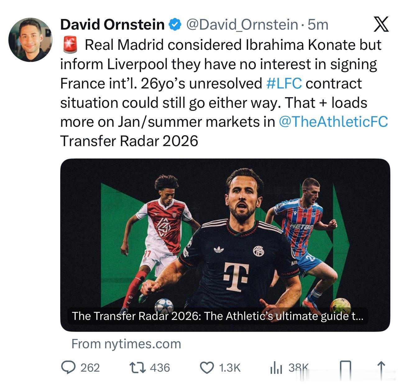 奥恩斯坦：皇马此前考虑过科纳特，但已经告知利物浦他们没兴趣签下这位26岁的法国国