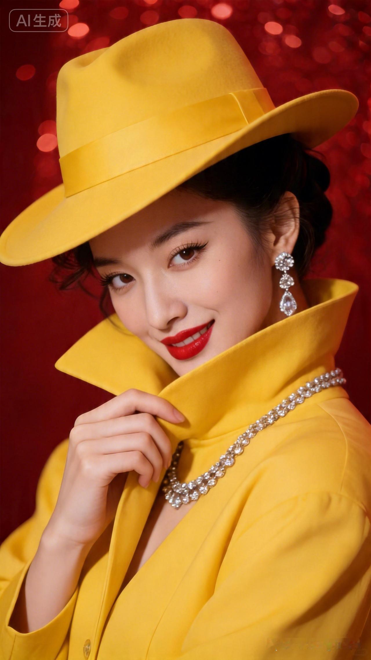 复古优雅，黄色西装搭配珍珠项链，尽显摩登时尚！