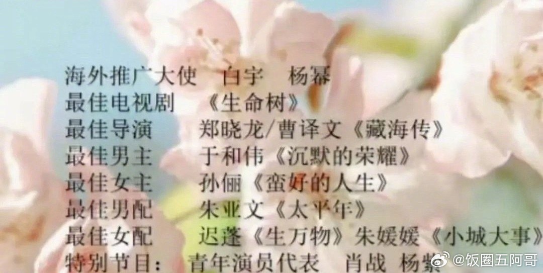 白玉兰红毯海外推广大使：白宇 杨幂最佳电视剧：《生命树》最佳导演：郑晓龙、曹译文