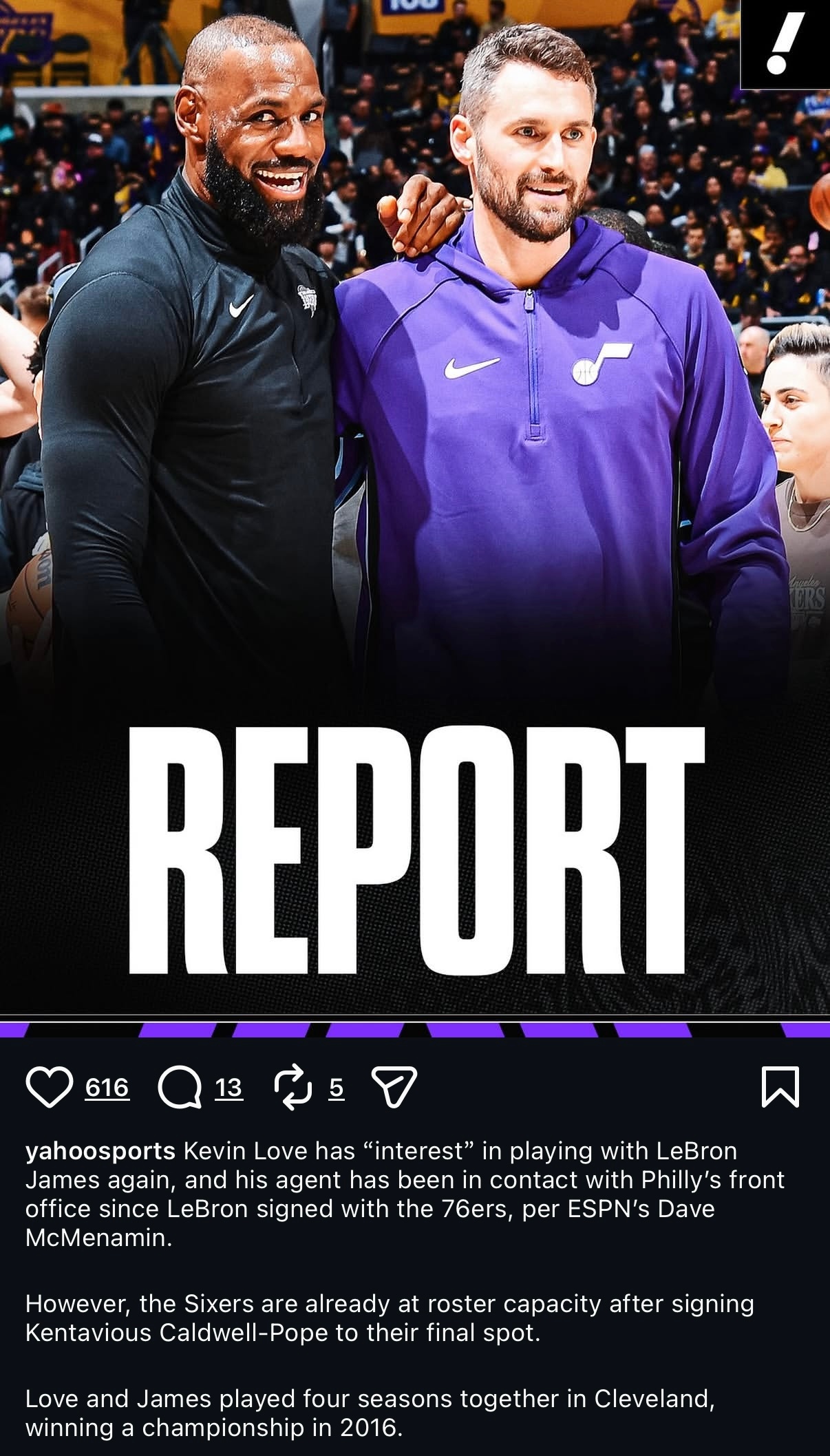 雅虎体育讯：“据ESPN记者Dave McMenamin的消息，乐福有意再度和詹