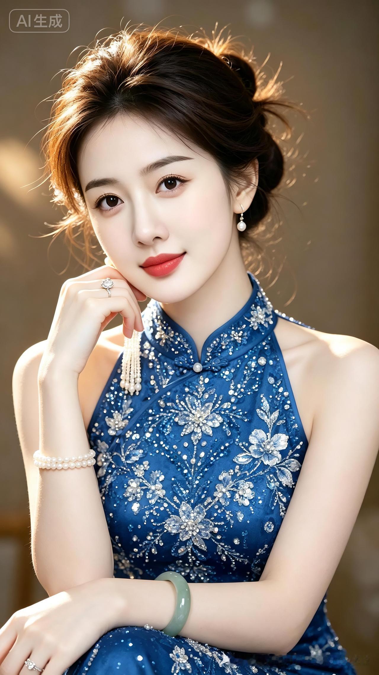 温婉女子梳蓬松碎发棕调低丸子头，身着重工蓝色亮片挂脖旗袍，配珍珠钻饰青玉镯，侧逆