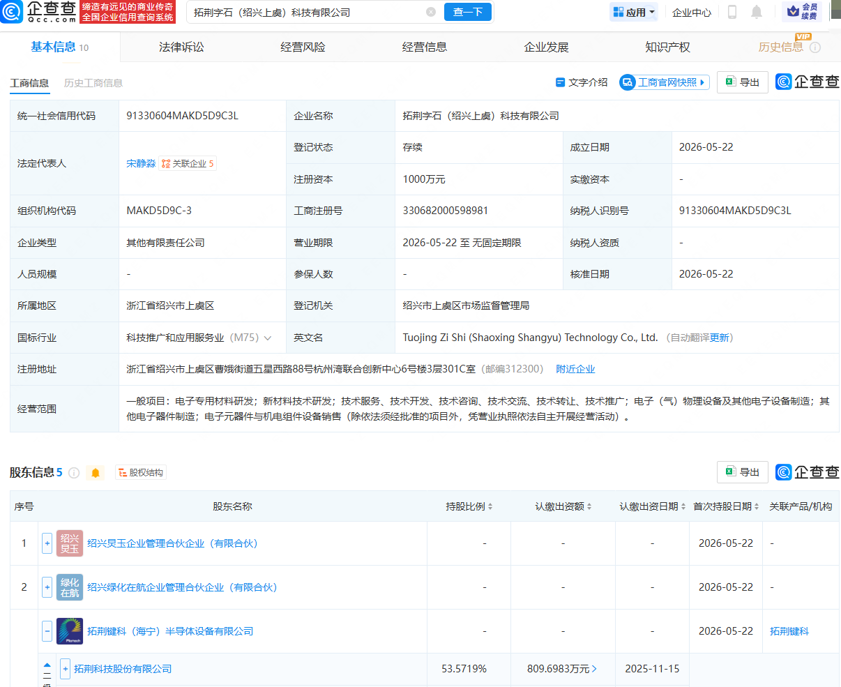 拓荆科技等成立新公司，含电子专用材料研发业务