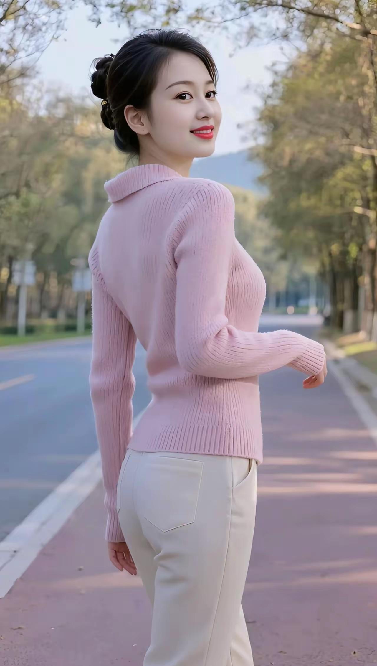 粉衫细语，林间添柔
浅粉针织衫裹着秋的温暖，翻领设计线条利落，修身版型衬出温柔曲