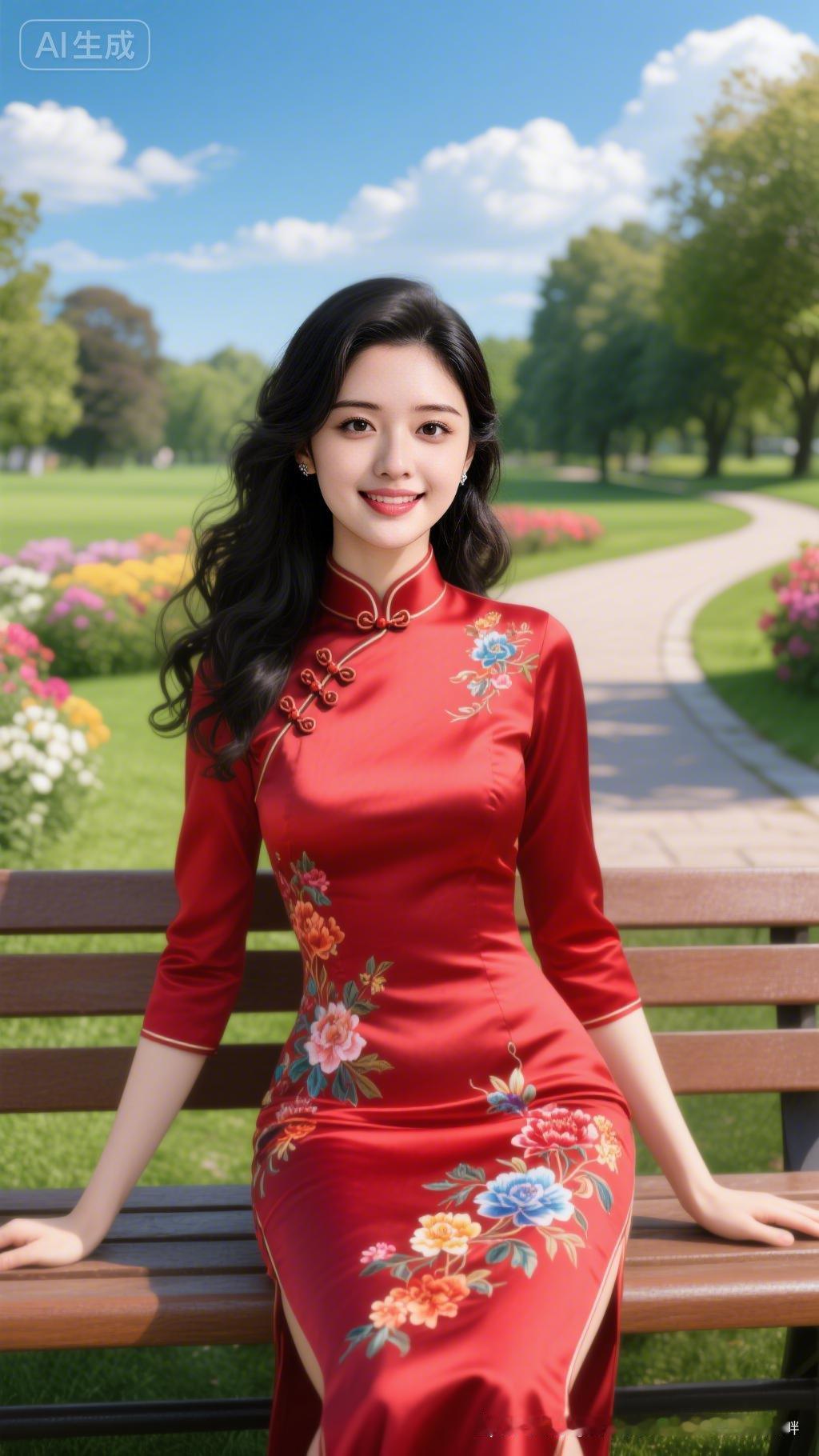 惊艳的旗袍少女，公园里的美丽风景！