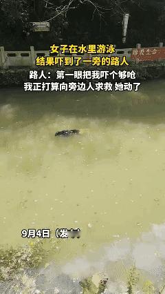女子在水里游泳，
结果吓到了一旁的路人……😱