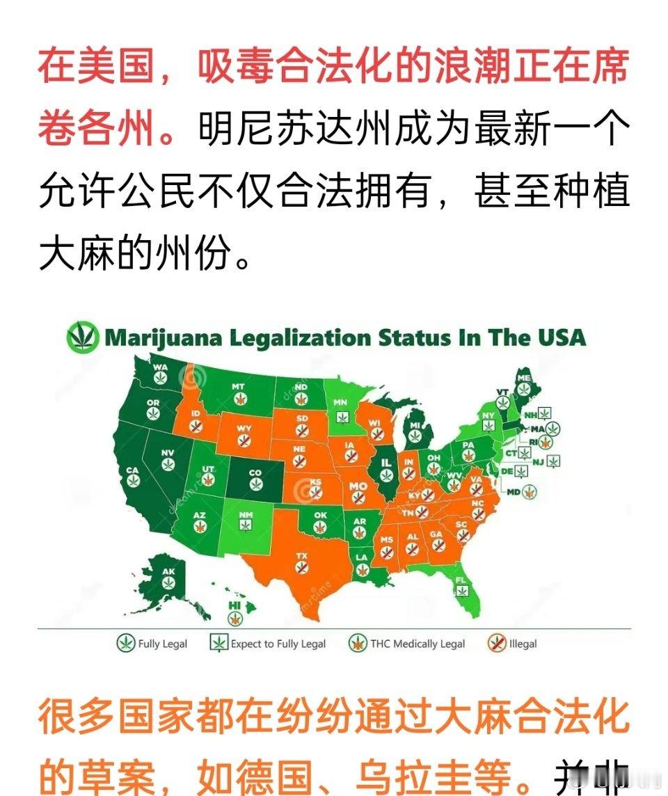 在美国，吸毒合法化的浪潮正在席卷各州。明尼苏达州成为最新一个允许公民不仅合法拥有